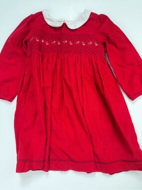 JoJo Maman Bebe Red Floral Embroidered Smocked Cord Dress 3/4
